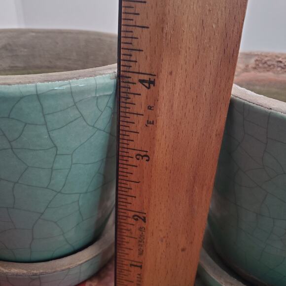 Crate & Barrel Set Of 3 Planter Pots Celedon Crackle Glaze 4" Tall 3" Saucers - Picture 7 of 8